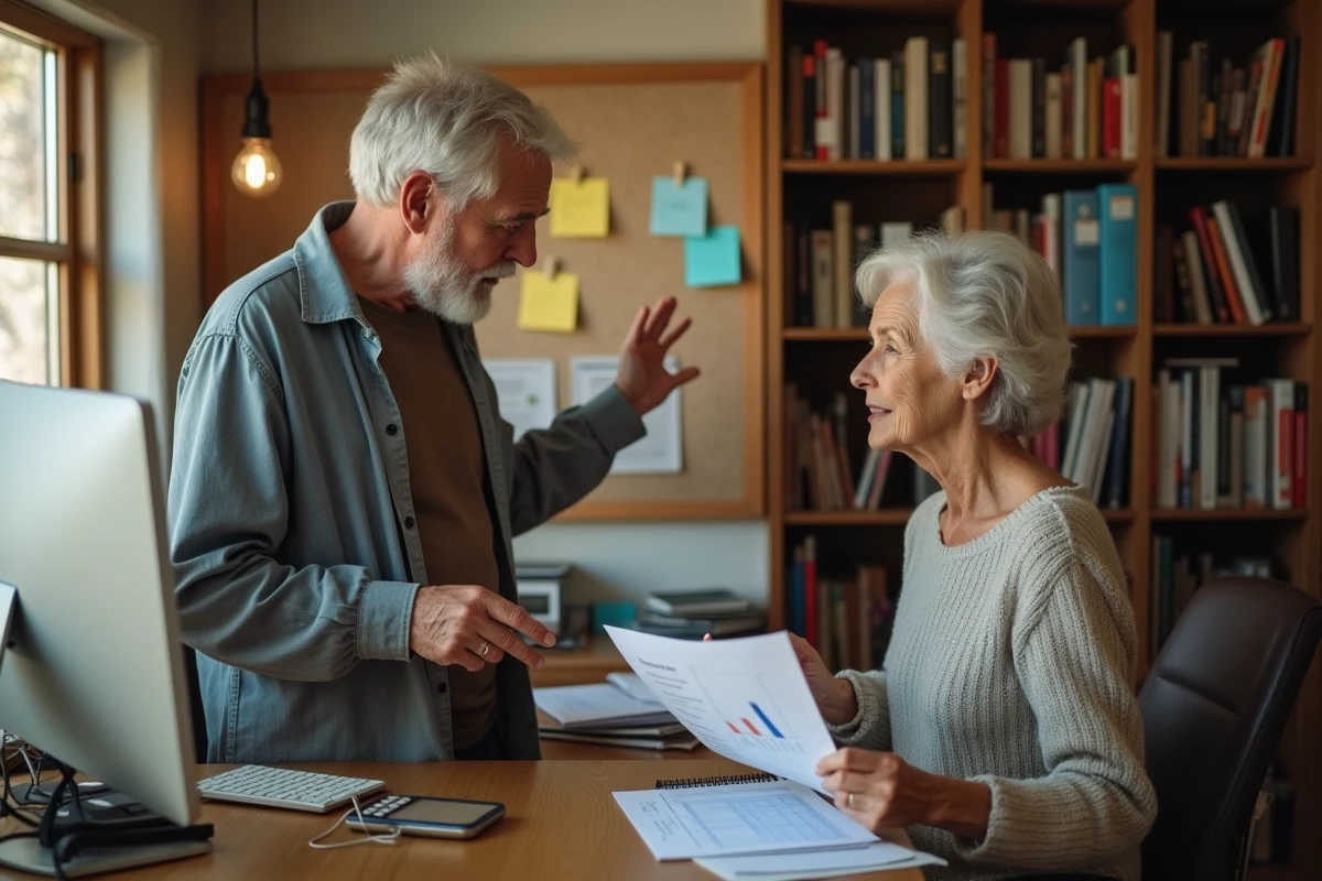 Couple de retraités analysant ensemble leur plan de retraite et leurs revenus futurs dans un bureau à domicile