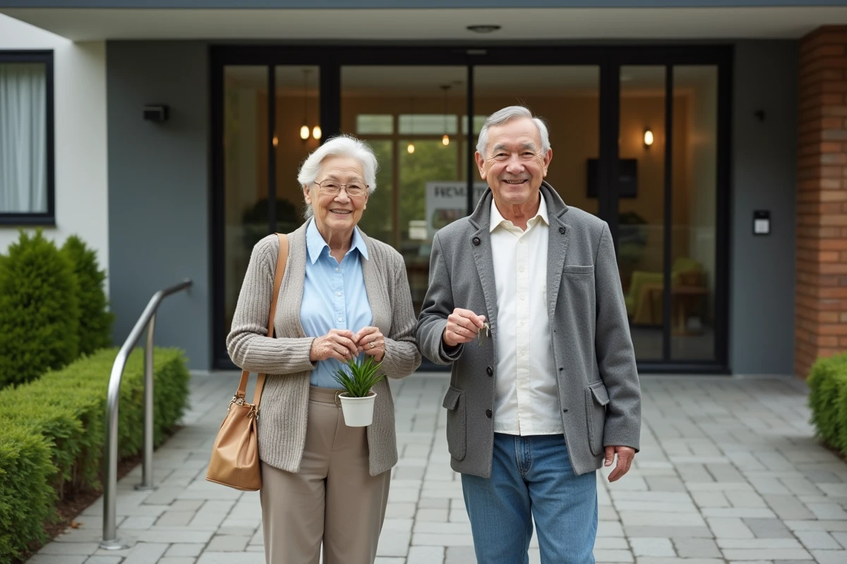 Couple de retraités arrivant à l'entrée d'une résidence services pour seniors avec leurs premiers effets personnels