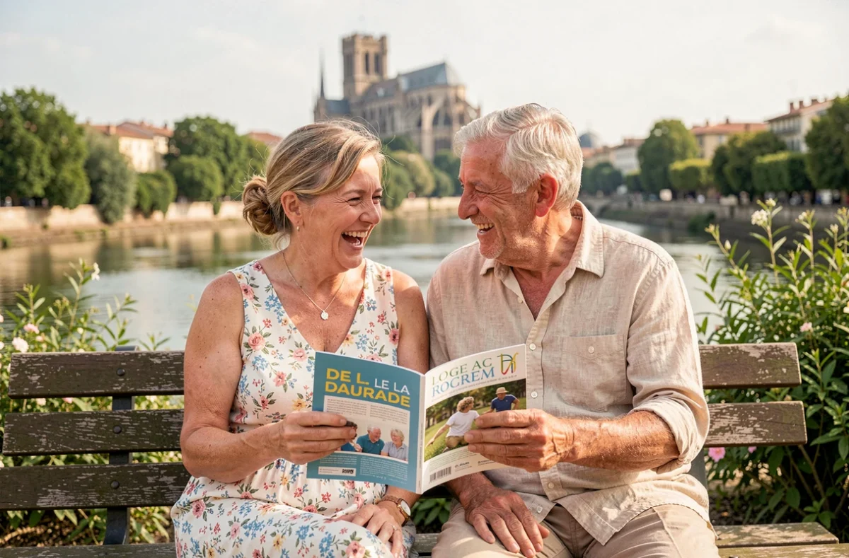 Couple de retraités riant ensemble sur un banc au bord de la Garonne à Toulouse avec vue sur la ville