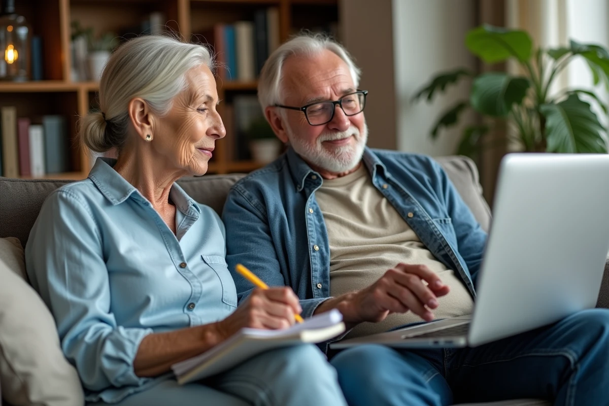 Couple de retraités consultant un portail financier sur laptop pour comprendre les changements de retraite 2026