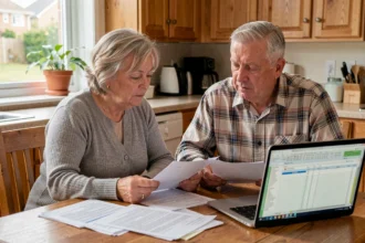 Couple de retraités examinant des documents fiscaux et financiers à leur table de cuisine pour préparer la transmission de leur patrimoine