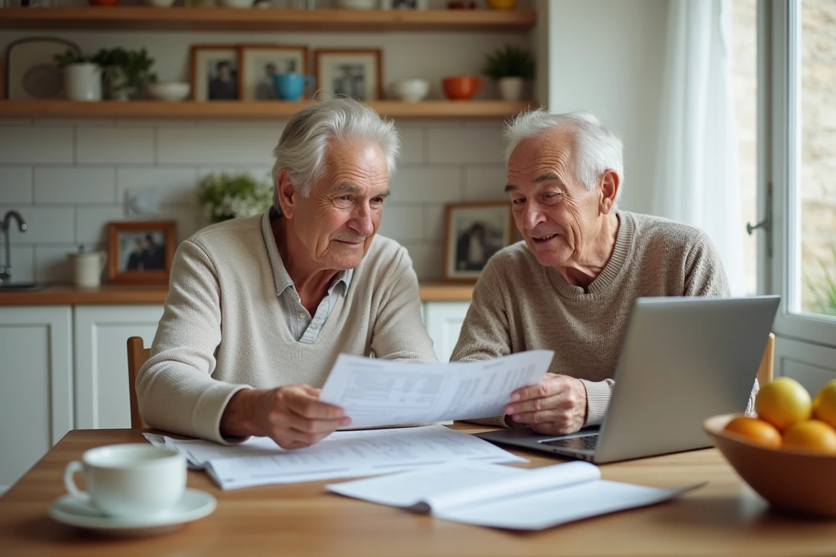 Un couple de retraités étudie les documents de financement pour intégrer une résidence Les Jardins d'Arcadie depuis leur domicile