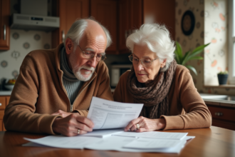 Couple de retraités examinant des factures à la maison
