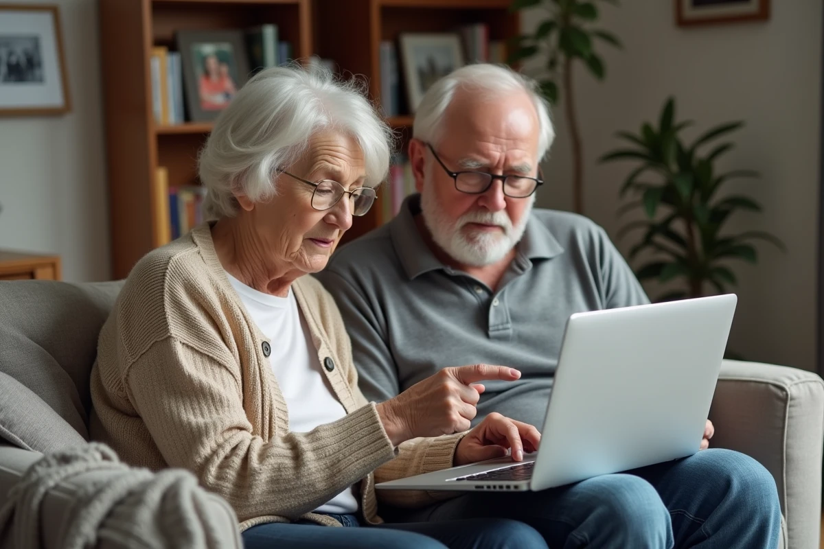 Couple de retraités consultant un portail fiscal en ligne ensemble sur un canapé