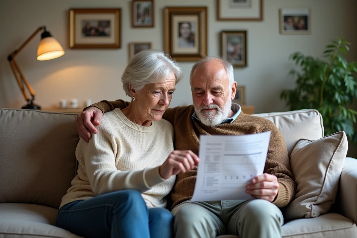 Couple de retraités examinant ensemble un relevé de pension dans leur salon