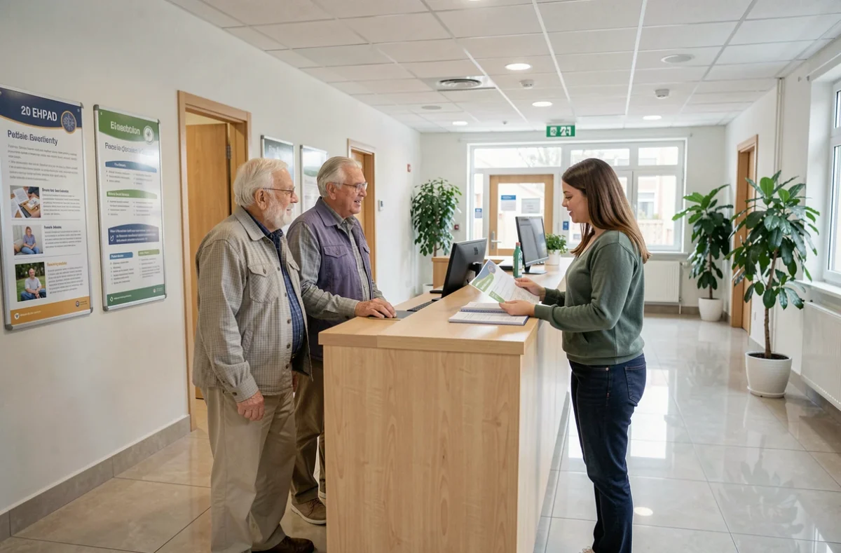 Couple de retraités en visite dans un EHPAD pour se renseigner sur les aides locales et financières disponibles