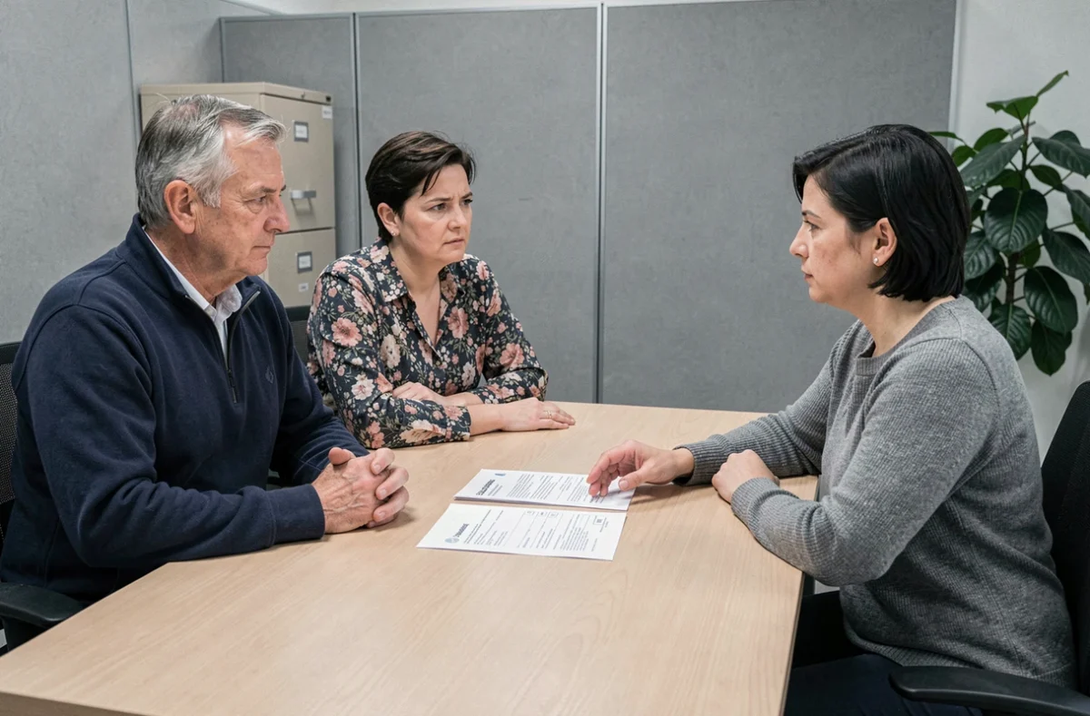 Un couple de seniors rencontre une assistante sociale pour discuter des conditions de ressources de l'APA