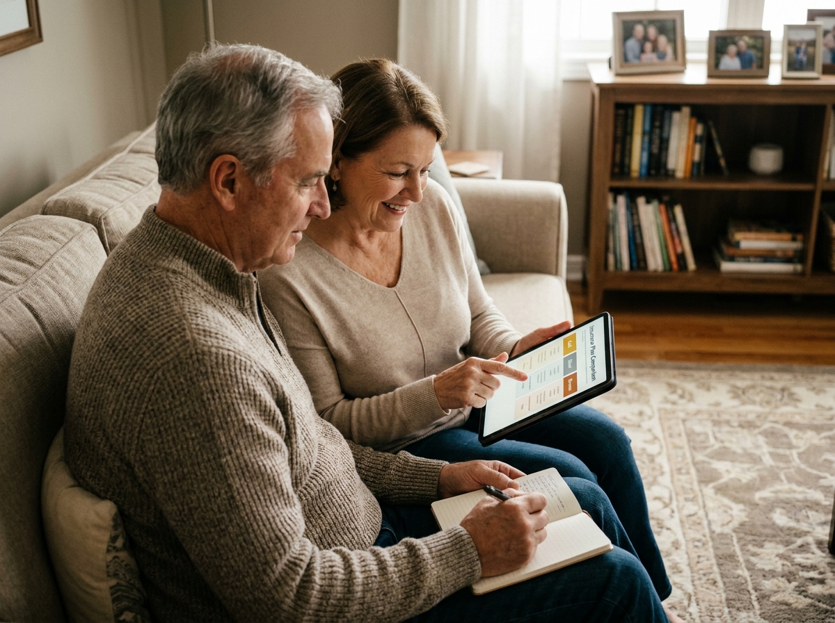 Un couple de seniors compare des formules d'assurance sur une tablette dans leur salon