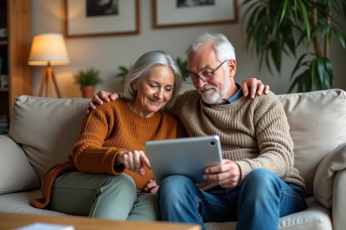 Couple de seniors cherchant ensemble à résoudre un problème d'accès à leur compte retraite Agirc Arrco sur tablette via France Connect