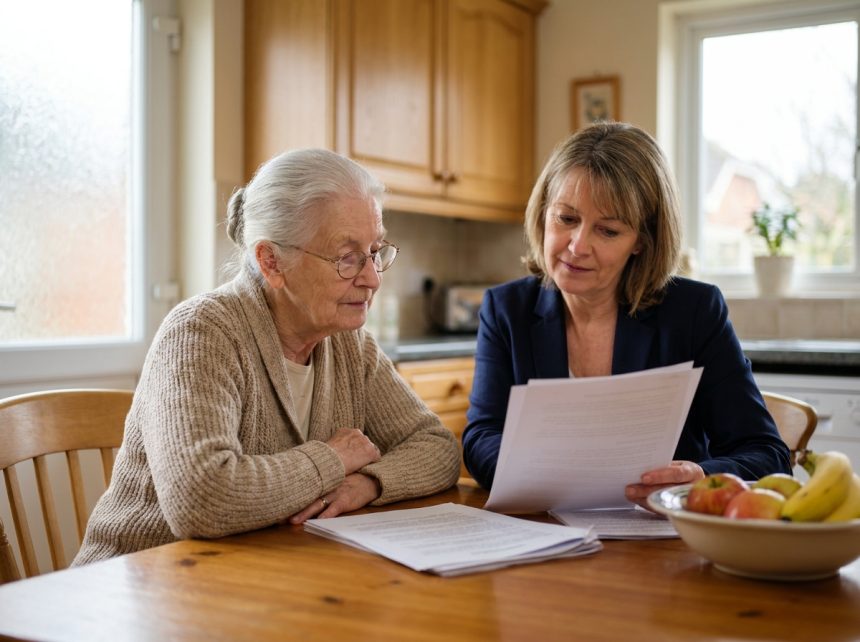 Une femme âgée et sa fille adulte examinent ensemble des documents juridiques relatifs à la curatelle ou tutelle autour d'une table en bois dans une cuisine familiale