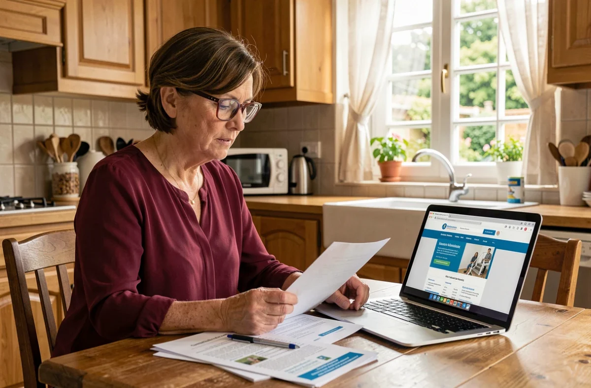 Femme consultant les aides financières et subventions disponibles pour l'achat d'un monte escaliers