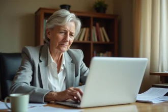 Femme d'une cinquantaine d'années effectuant ses démarches de retraite entreprise en ligne depuis son bureau à domicile