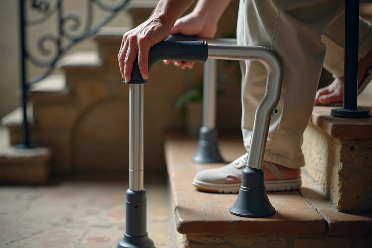Gros plan sur les mains d'une personne âgée tenant un monte-escalier debout sans installation sur une marche en bois