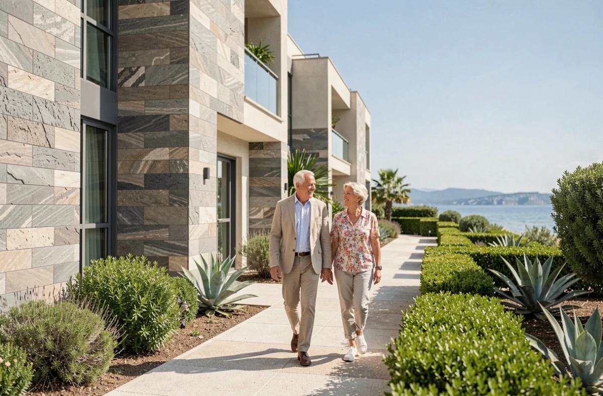 Résidence Domitys Basaltik à Agde : couple de seniors marchant devant la façade moderne en pierre basaltique