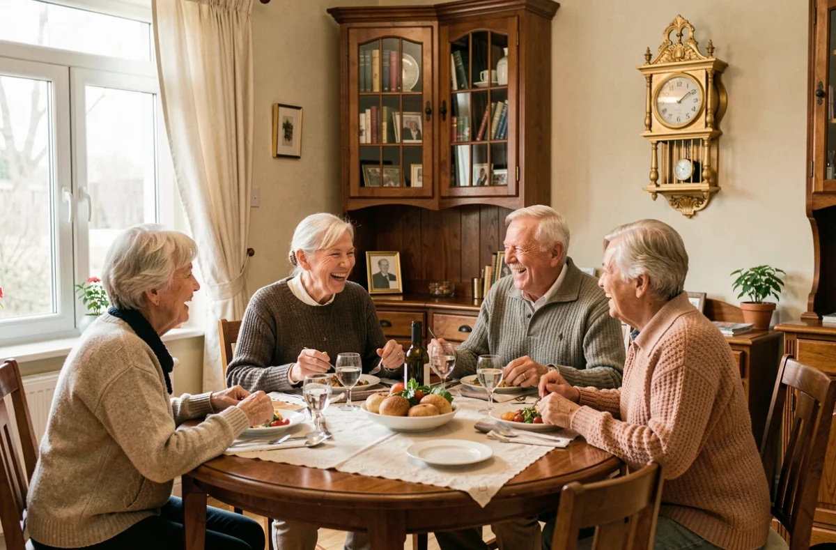 Groupe de résidents seniors partageant un repas dans la salle à manger de la résidence DOMITYS Le Carillon d'Or à Maubeuge