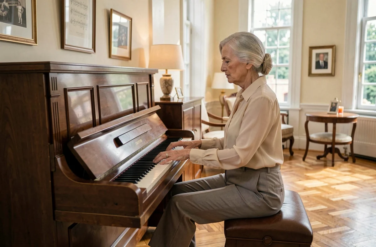 Résidente senior jouant du piano dans le salon musical de la résidence DOMITYS Le Piano à Lille