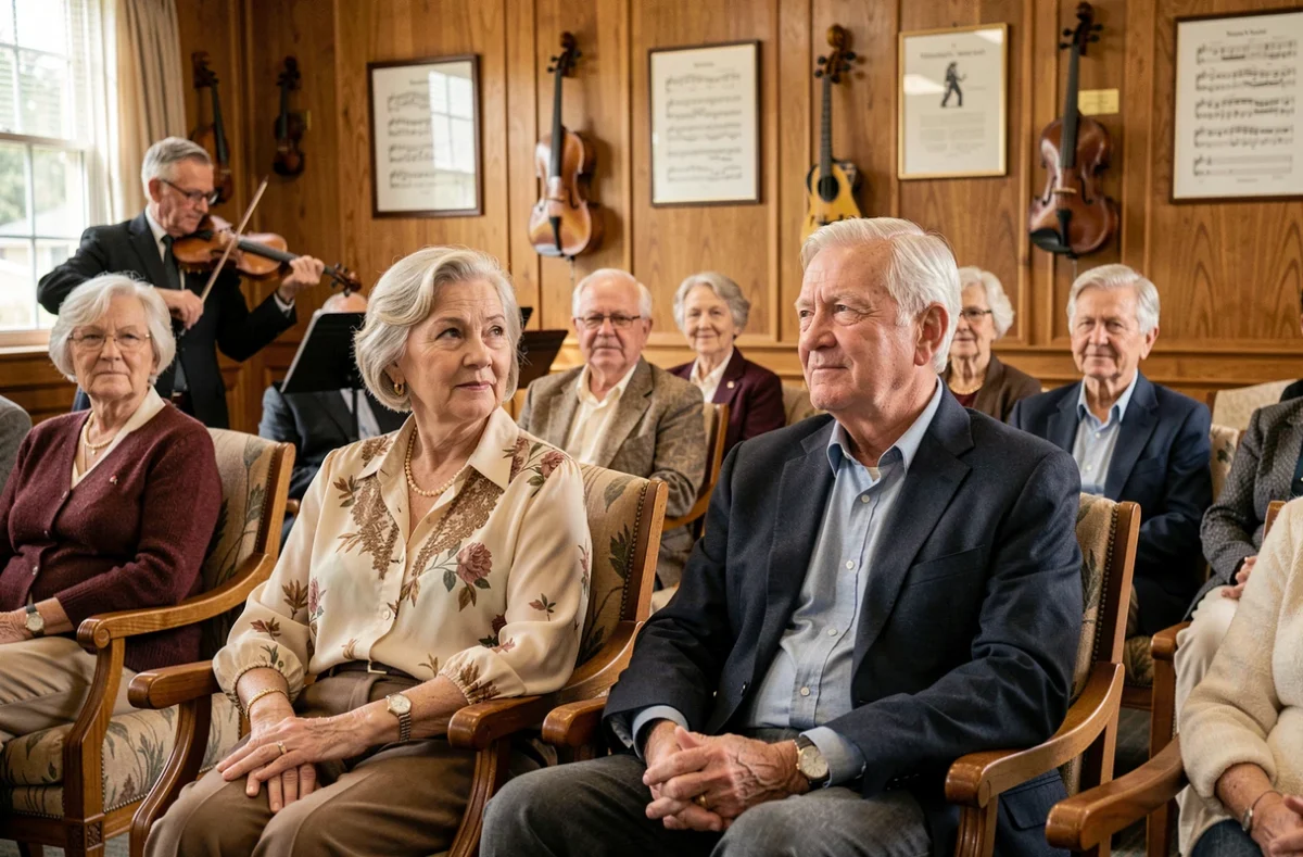 Couple de résidents seniors assistant à un récital musical dans la résidence DOMITYS Les Musiciens à Valenciennes