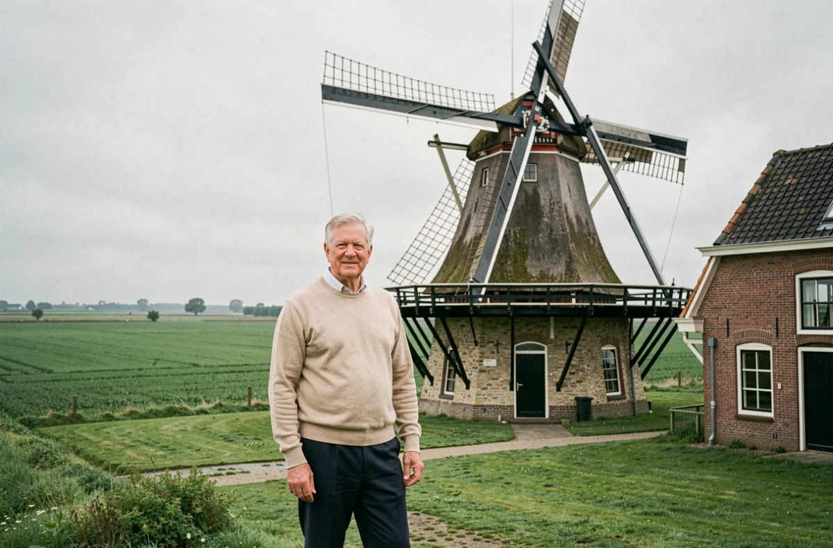 Résident senior admirant le moulin historique dans les jardins de la résidence DOMITYS Le Moulin des Flandres à Lesquin