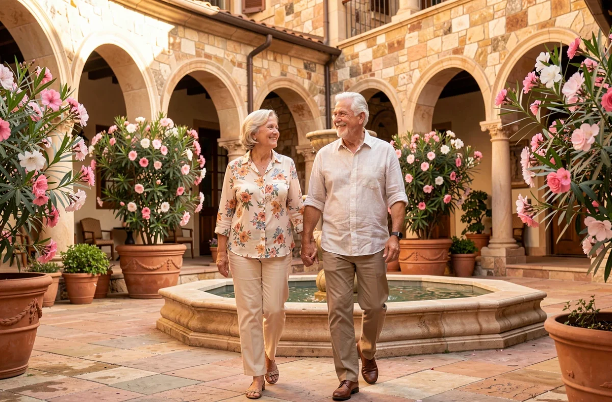 Couple de résidents seniors se promenant dans la cour jardin méditerranéenne de la résidence DOMITYS Villa Ulma à Lomme