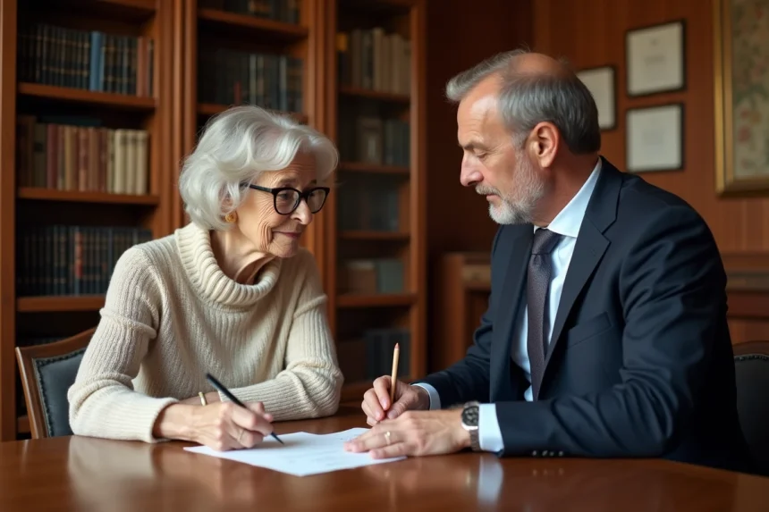 Une femme âgée de plus de 80 ans examine un acte de donation avec son notaire dans un bureau juridique traditionnel, illustrant la preuve de l'intention libérale pour le fisc.