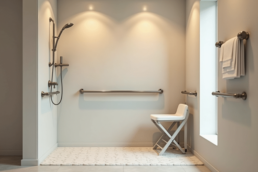 Douche moderne pour seniors avec barres et siège