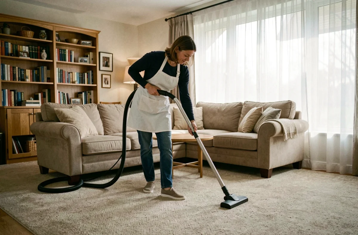 Employée de maison passant l'aspirateur dans un salon spacieux d'une maison de banlieue