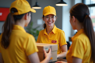 Employe senior en uniforme jaune La Poste souriant à un comptoir