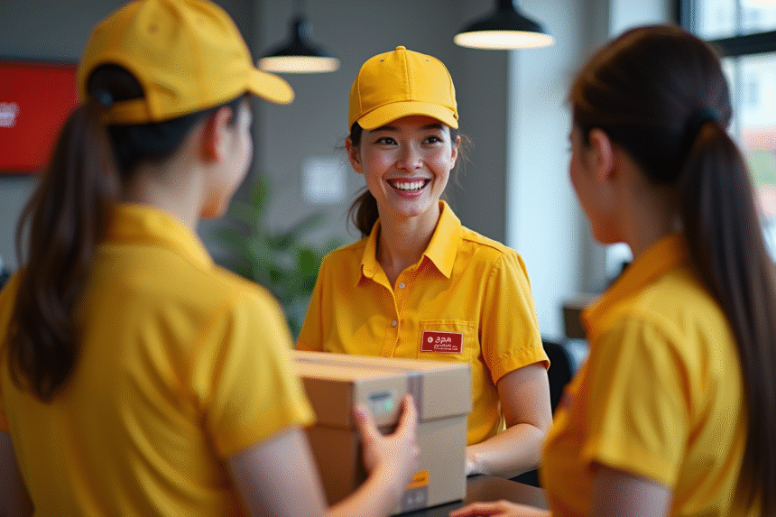 Employe senior en uniforme jaune La Poste souriant à un comptoir
