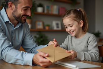 Un homme remet une enveloppe à une jeune fille souriante
