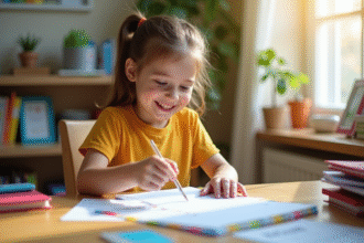 Enfant souriant organisant des documents à un bureau ensoleille