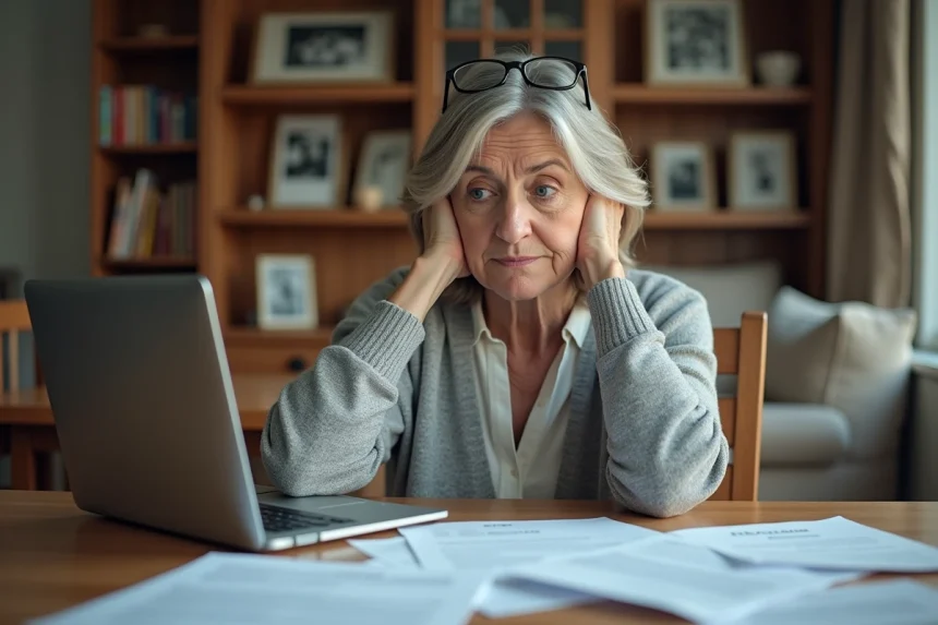 Une femme d'âge mûr seule consulte des documents administratifs pour financer la maison de retraite de ses parents