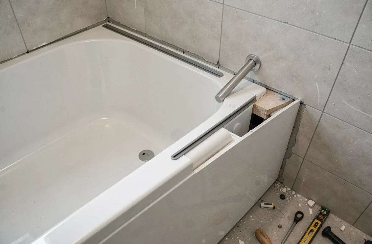 Détail d'une installation de baignoire PMR avec erreurs courantes : joint mal posé, barre d'appui mal orientée et espace non colmaté entre la baignoire et le carrelage