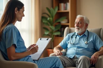 Une évaluatrice en blouse médicale remplit la grille AGGIR face à un senior à domicile