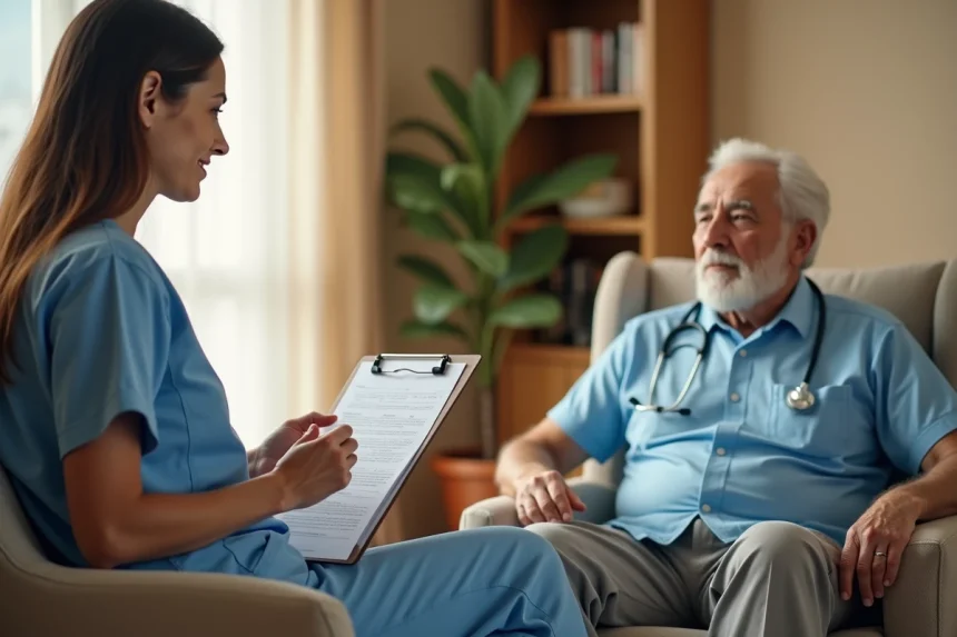 Une évaluatrice en blouse médicale remplit la grille AGGIR face à un senior à domicile