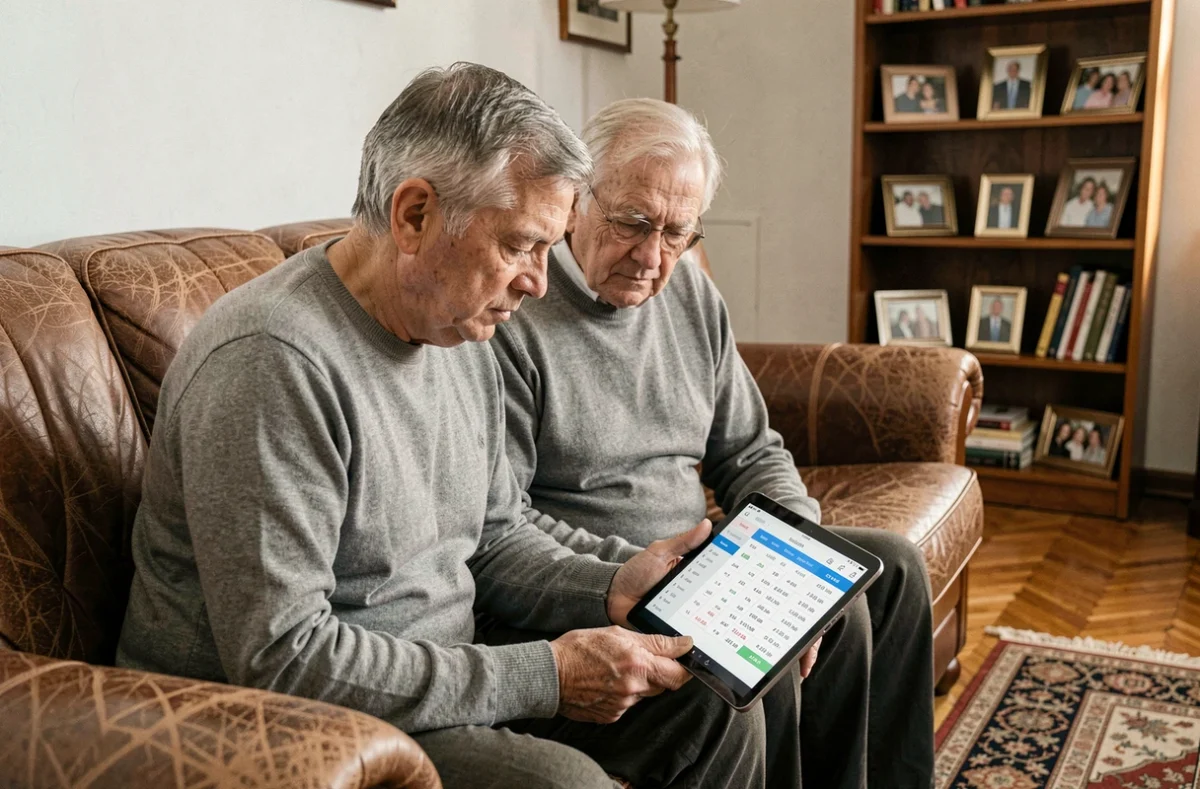 Fils adulte et père âgé consultant ensemble le calcul du reste à charge de l'APA sur une tablette