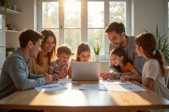 Famille moderne réunie dans une cuisine lumineuse