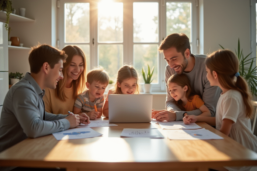 Famille moderne réunie dans une cuisine lumineuse