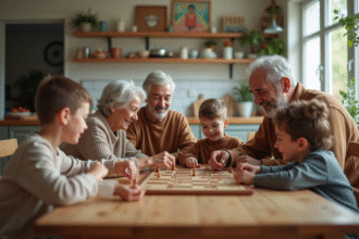Famille multigenerational jouant à un jeu de société dans la cuisine