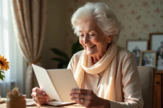 Femme agee souriante lisant une carte d anniversaire