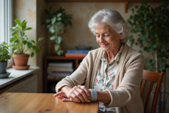 Femme âgée posant avec bracelet de sécurité au poignet