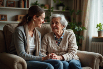 Femme agee et fille dans un salon chaleureux