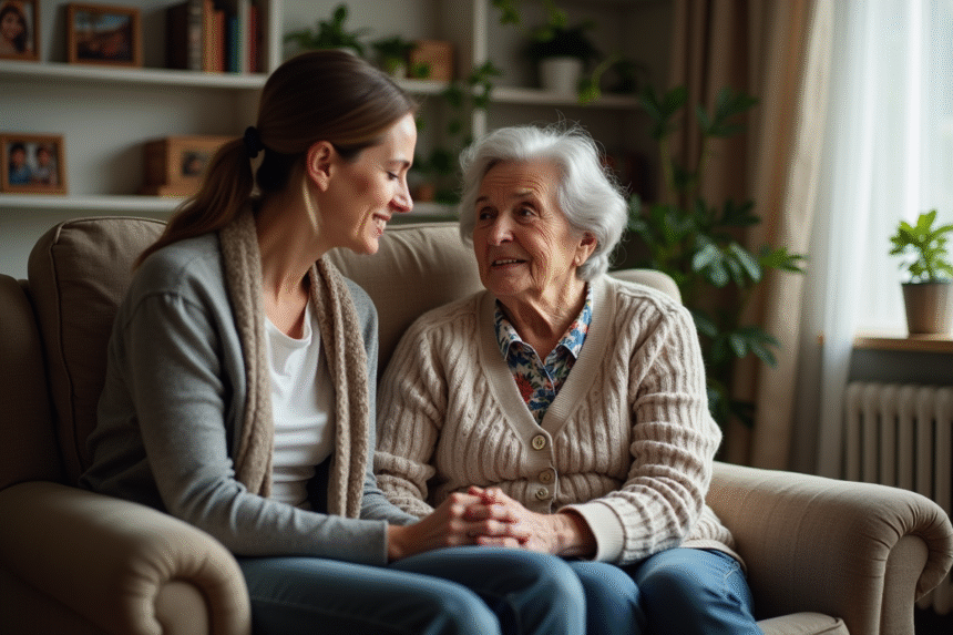 Femme agee et fille dans un salon chaleureux