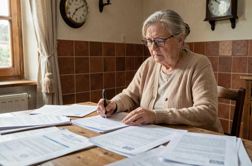 Femme âgée examinant des documents administratifs liés à l'APA et au reste à charge à domicile