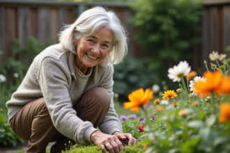 Femme agee souriante dans son jardin en pleine nature