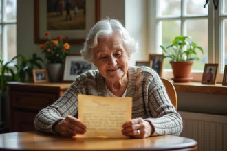 Femme agee souriante lisant une lettre dans un salon chaleureux