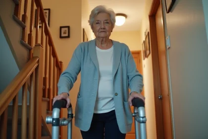 Femme âgée utilisant un monte-escalier debout sans installation sur un escalier intérieur à domicile