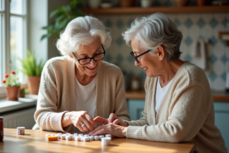 Femme agee aidée par sa fille pour organiser ses médicaments