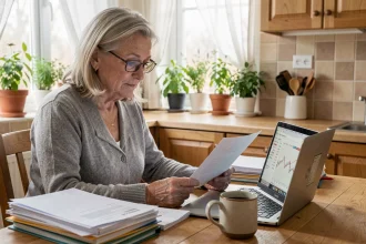 Une femme âgée examine ses documents de revenus et ressources pour l'APA à la table de sa cuisine