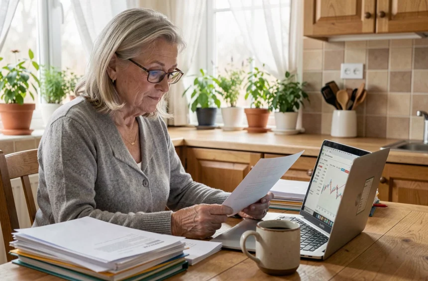 Une femme âgée examine ses documents de revenus et ressources pour l'APA à la table de sa cuisine