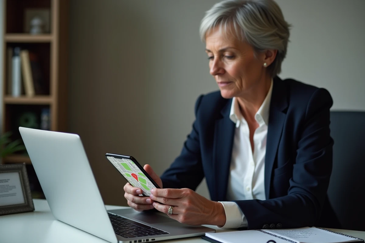 Femme d'âge mûr consultant une application de géolocalisation GPS sur smartphone pour surveiller un proche atteint d'Alzheimer